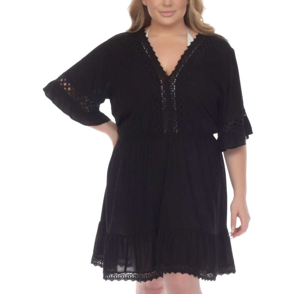 NWT Raviya Womens Plus Size Lace-Inset Mini Cover Up 76399X Black 0X